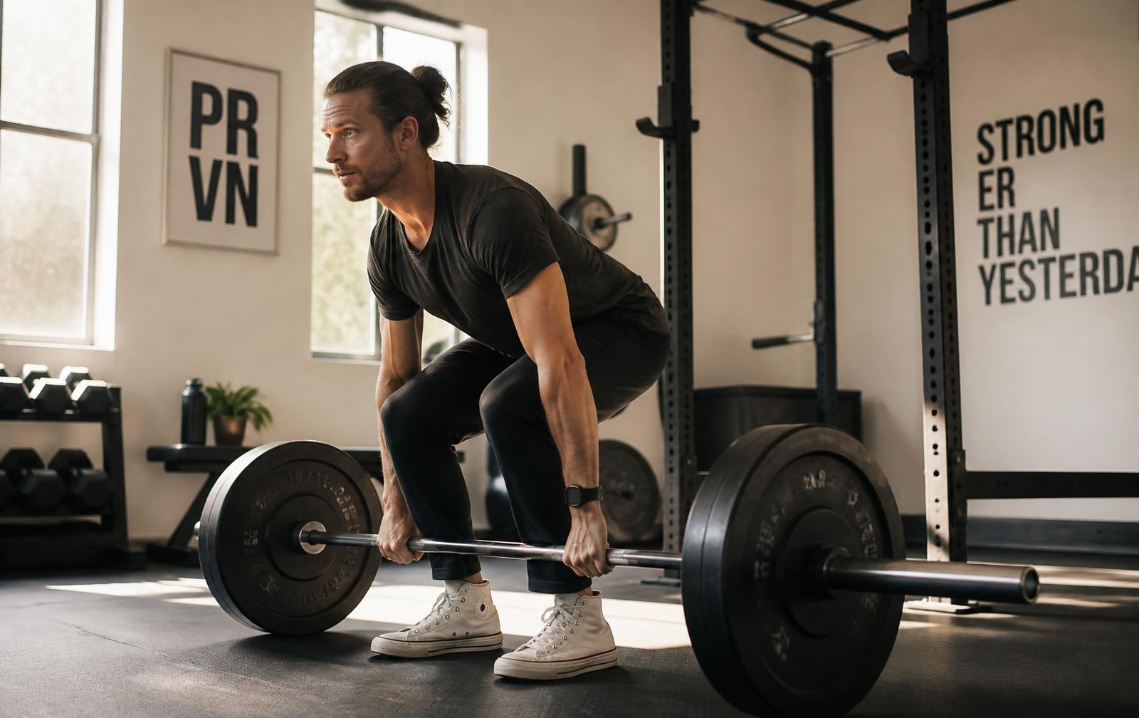 Person mitt i ett marklyft i ett gym med dagsljus